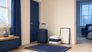 Packed suitcase and folded towels by a rental apartment door