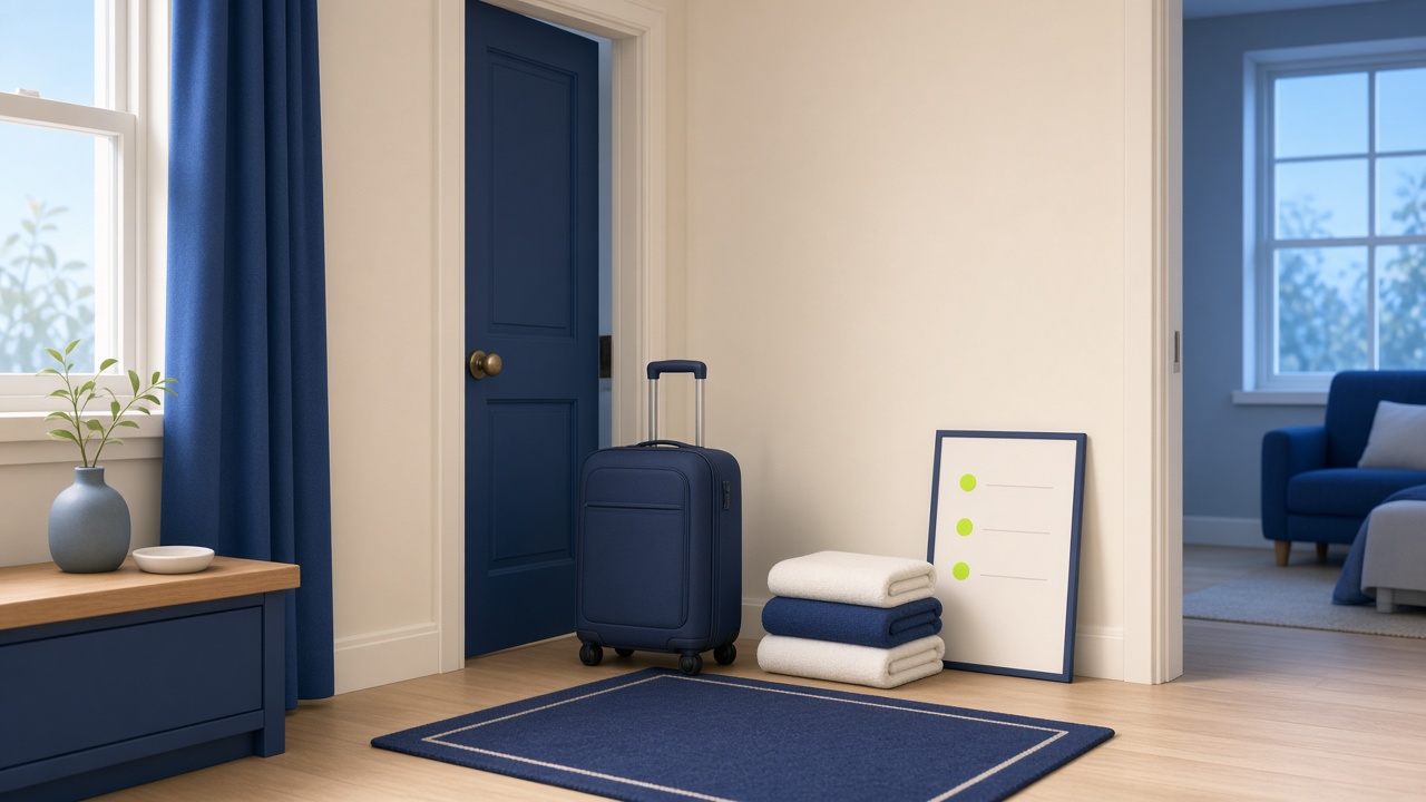 Packed suitcase and folded towels by a rental apartment door
