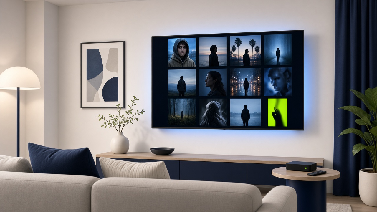 Living room TV showing a grid of vertical video tiles